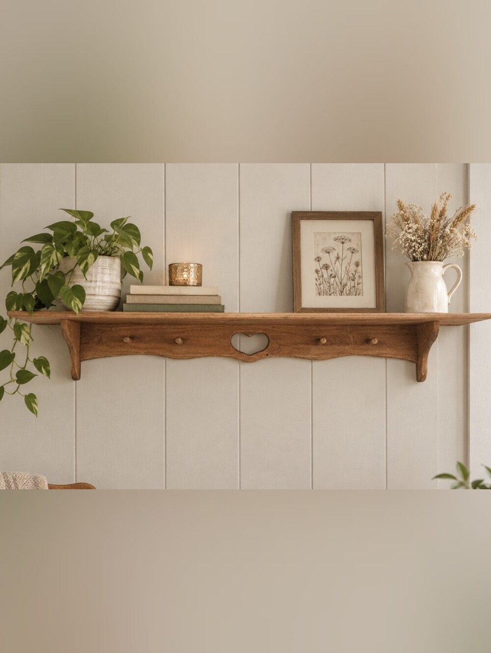 Rustic Brown Wooden Wall Shelf with Heart Accent